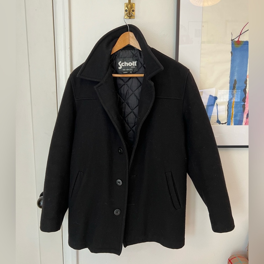 Schott’s NYC black wool jacket. Size small.